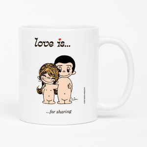 Front view: Love is... for sharing  personalized ceramic mug by Kim Casali. 