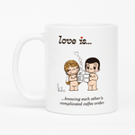 Load image into Gallery viewer, Love is... knowing each other&#39;s complicated coffee  personalized ceramic mug by Kim Casali. 
