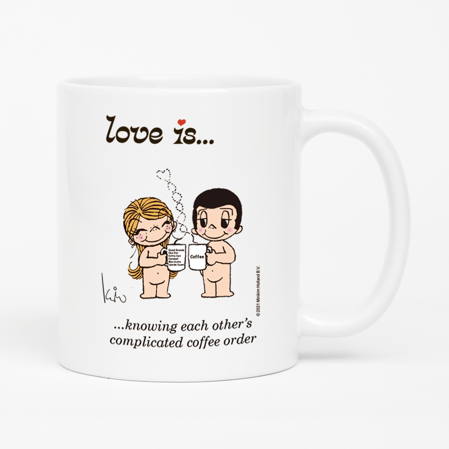 Front view: Love is... knowing each other's complicated coffee  personalized ceramic mug by Kim Casali. 
