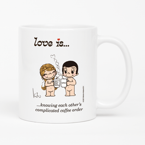 Front view: Love is... knowing each other's complicated coffee  personalized ceramic mug by Kim Casali. 