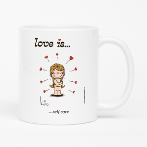 Front view: Love is... self care personalized ceramic mug by Kim Casali.