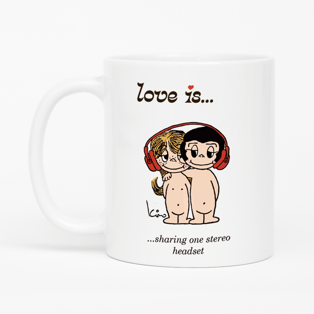 Love is... sharing one stereo headset  personalized ceramic mug by Kim Casali. 