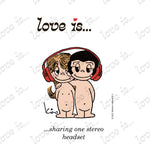 Load image into Gallery viewer, Love is... sharing one stereo headset personalized poster art print featuring Kim Casali&#39;s original 1970s vintage artwork
