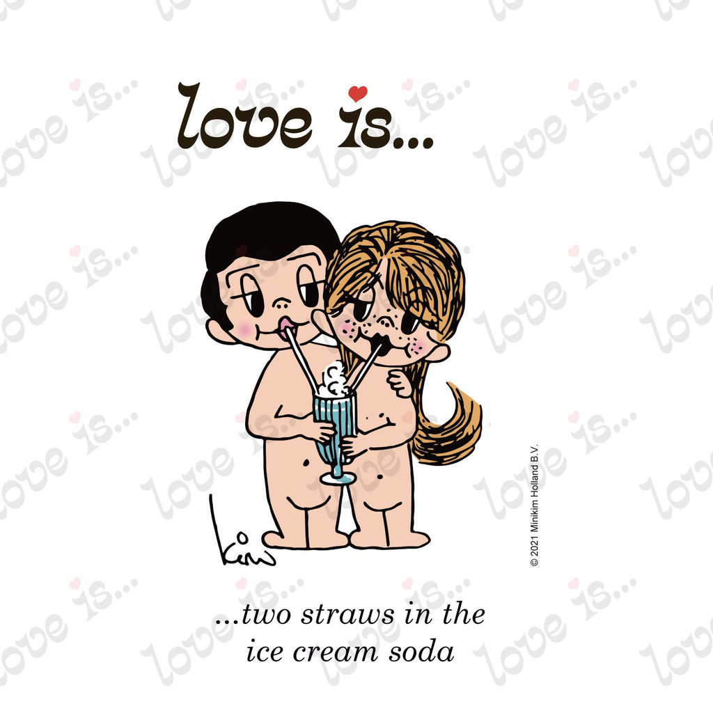 Love is... two straws in the ice cream soda personalized poster art print featuring Kim Casali's original 1970s vintage artwork.