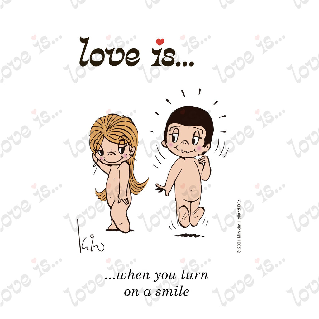 Love is... when you turn on a smile personalized poster art print by Kim Casali. 